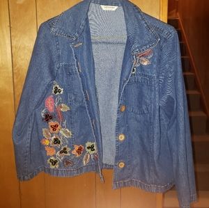 Tantrum Vintage Women's Denim Jean Jacket Coat Blazer Floral Embroidered Blue